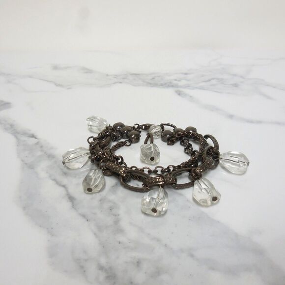 Dark Metal Layered Bracelet | 3 Chains with Teardrop Glass Crystals | 6.5" - Picture 3 of 6